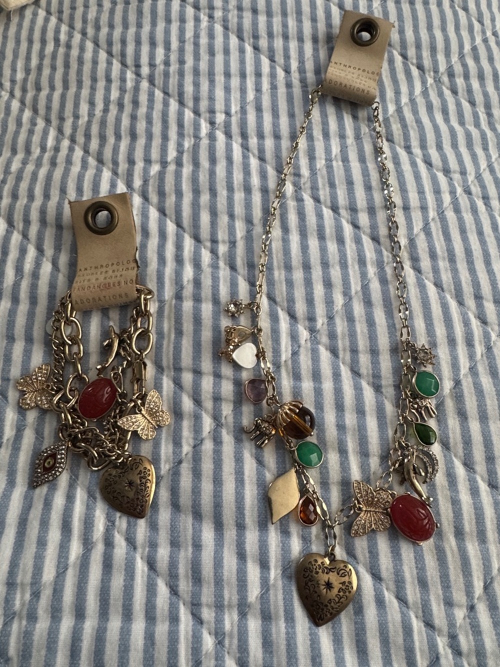 Anthropologie Gold-Tone Charm Bracelet & Necklace Set - Red, Green, Amber